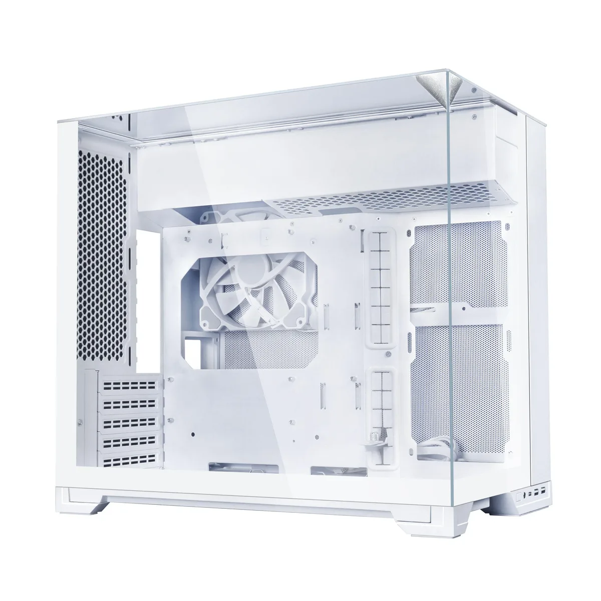 White mATX mid-tower case with three tempered glass panels and a side-mounted 140mm fan