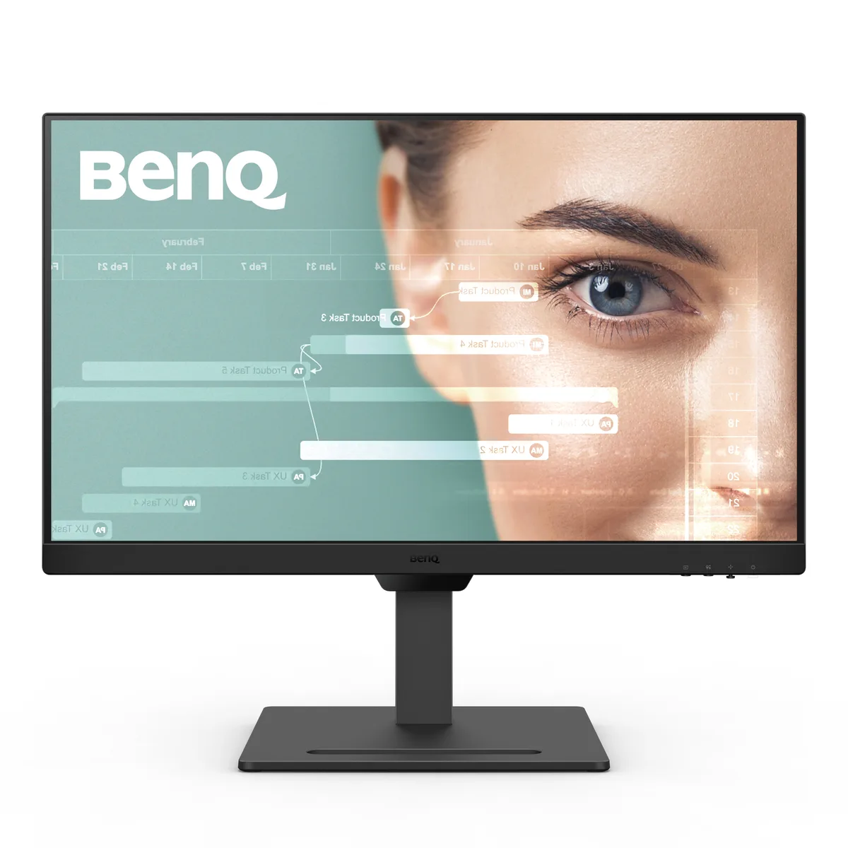 Black 27 inch flat IPS monitor on height adjustable stand with thin bezels