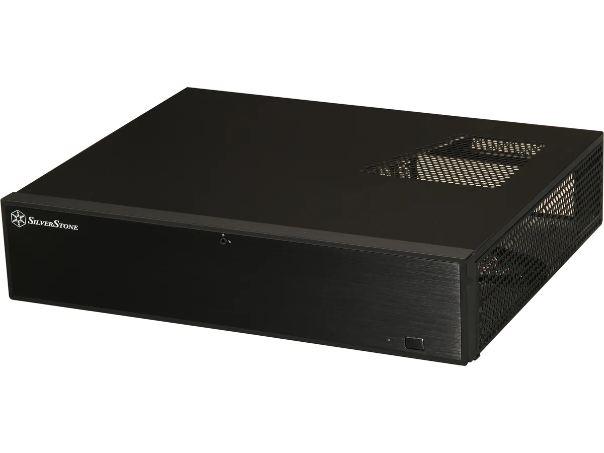 Black aluminium front door on slim steel HTPC chassis, 105mm high, 350mm deep, lockable with LED dimmer