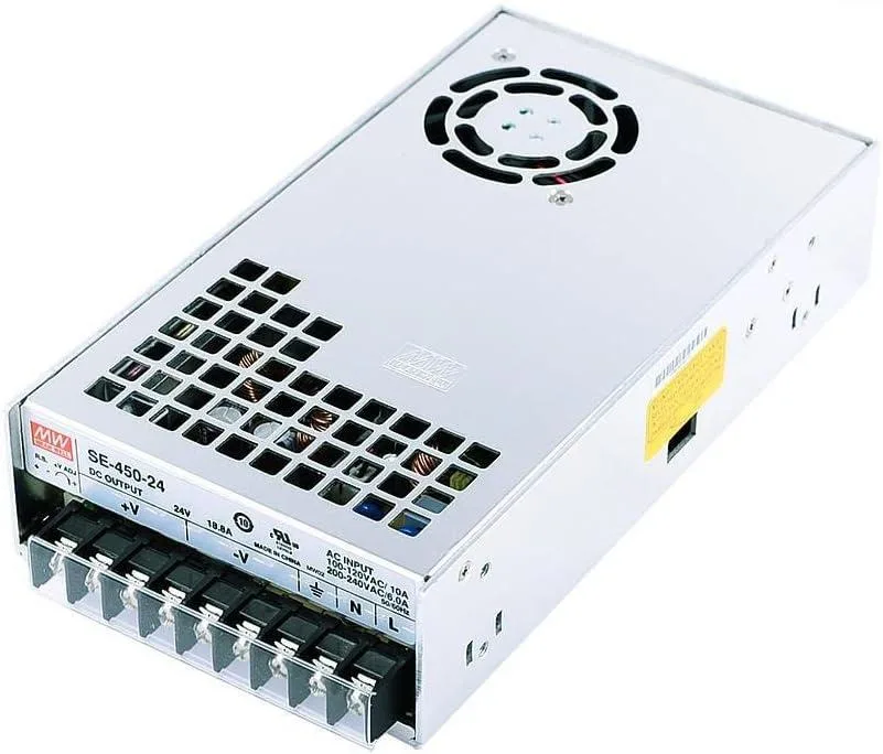 Rectangular metal power supply unit with built-in fan and terminal connections