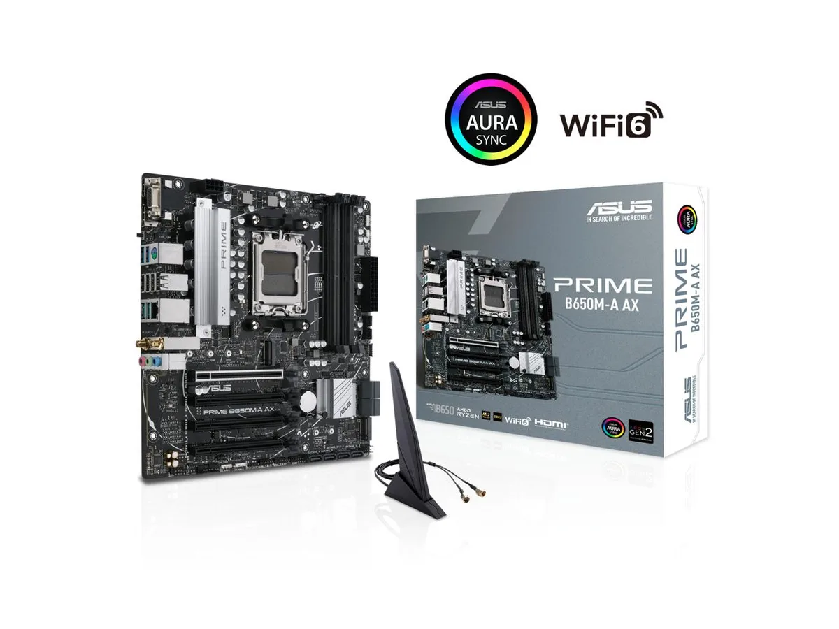 Green micro-ATX board with silver VRM heatsinks, four DDR5 slots, two M.2 shields, 2.5Gb Ethernet and Wi-Fi 6 antennas