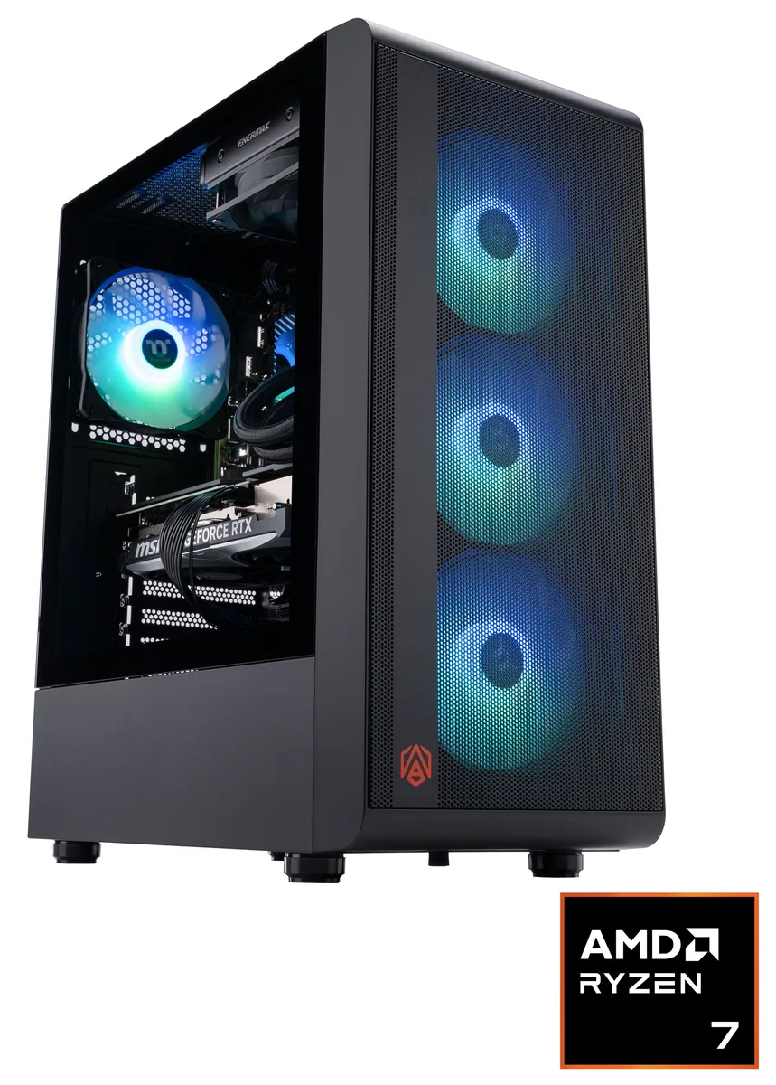 Black mid-tower gaming desktop with RGB memory visible through side panel