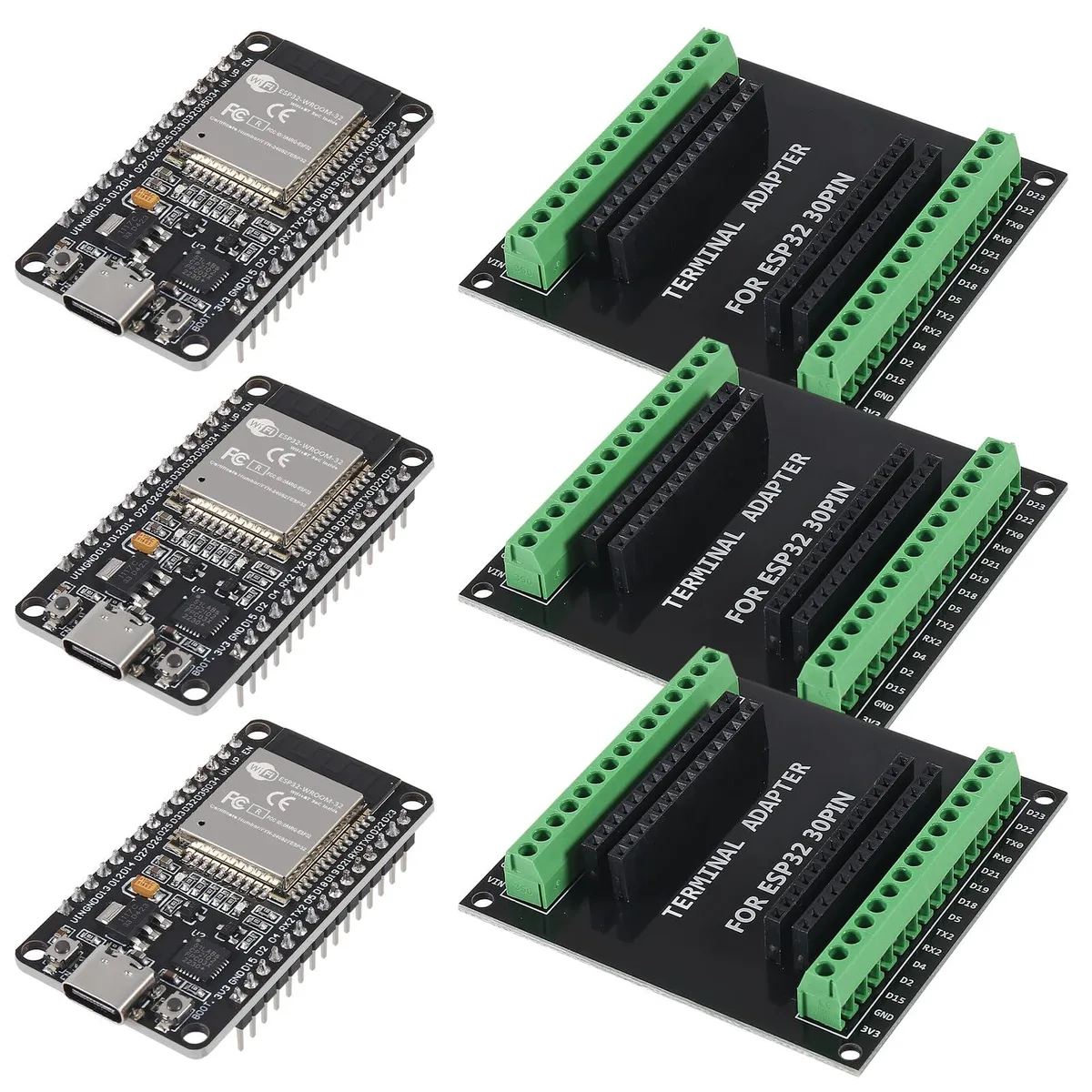 KEHIPI KEHIPI 3 Sets 30PIN ESP32 Type-C CP2102 Development Board + Breakout Shield — zdjęcie produktu