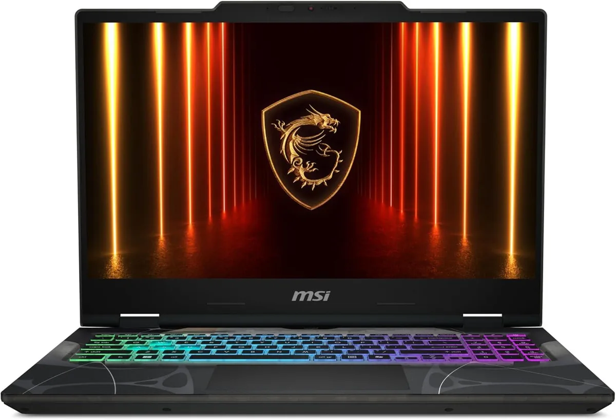 Black 15.6-inch gaming laptop, slim chassis, matte finish, RGB keyboard visible