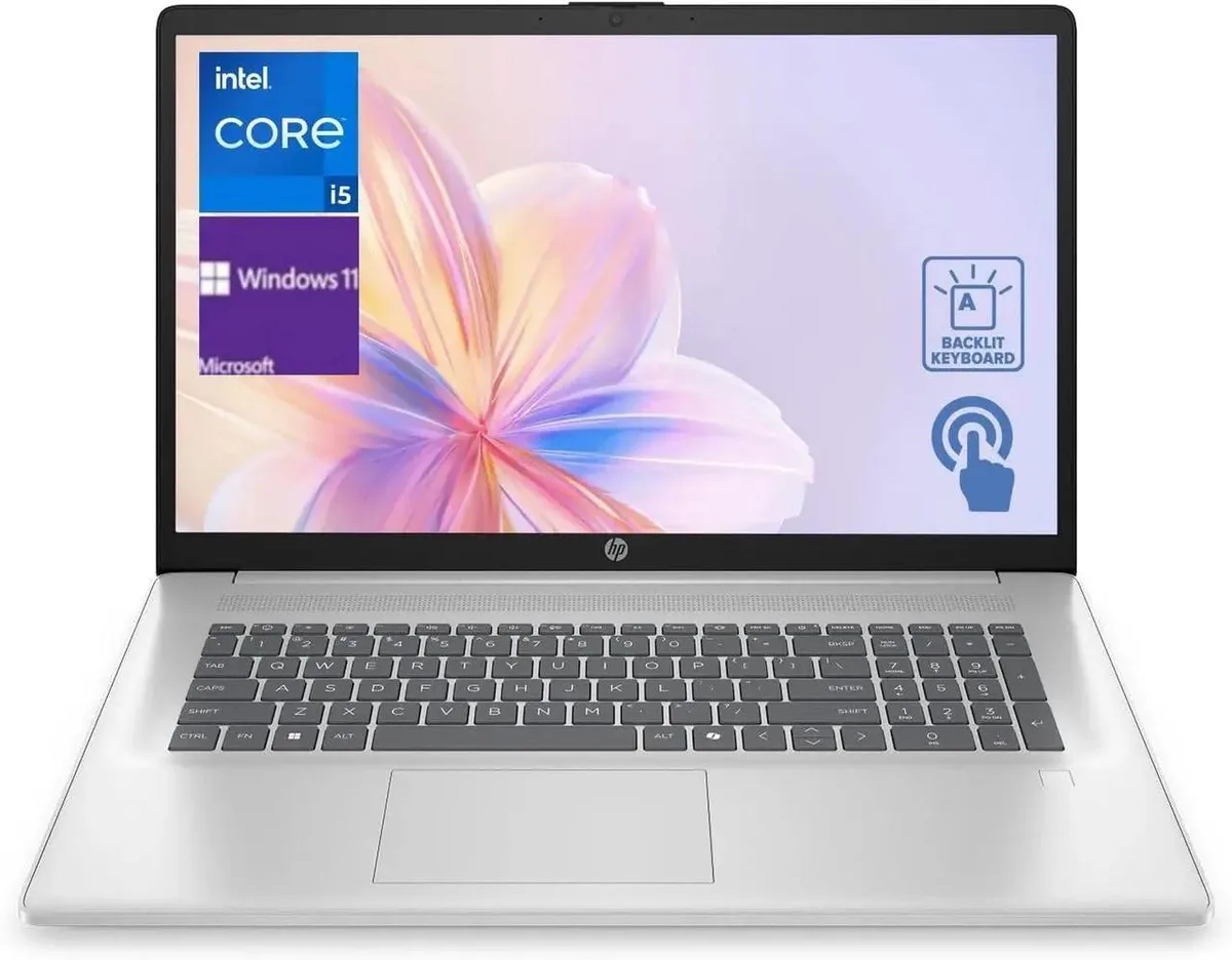 Silver 17.3 inch HD+ touchscreen laptop with backlit keyboard