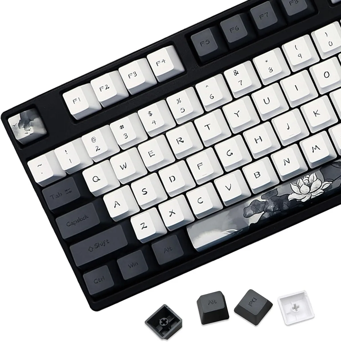 140-key PBT set in Chinese ink lotus theme, OEM profile, 6.25u spacebar included