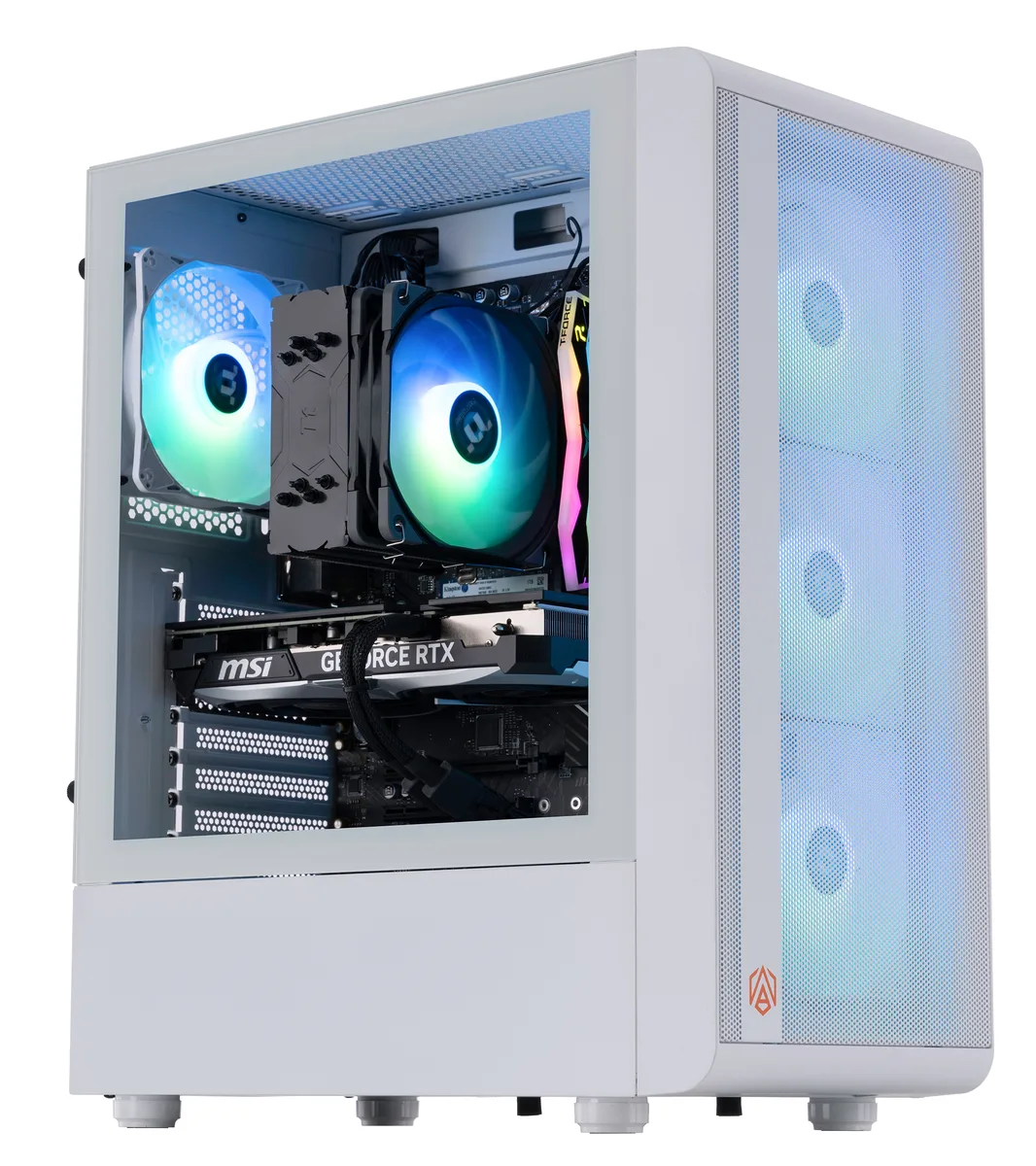 White mid-tower gaming desktop with RGB memory visible through glass side panel