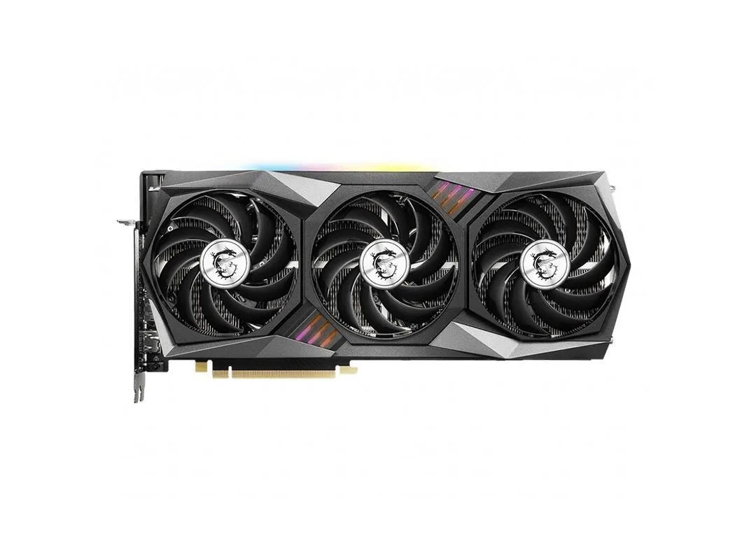 Triple-fan graphics card in dark metal finish with silver accents