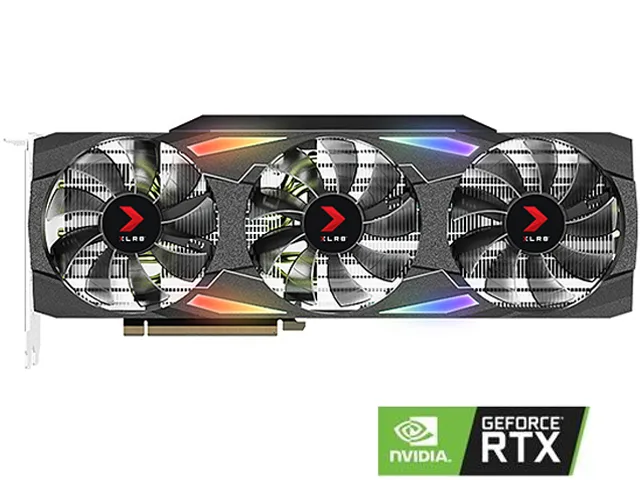 Black triple-fan graphics card with RGB lighting, 12.48 inches long, occupies three slots