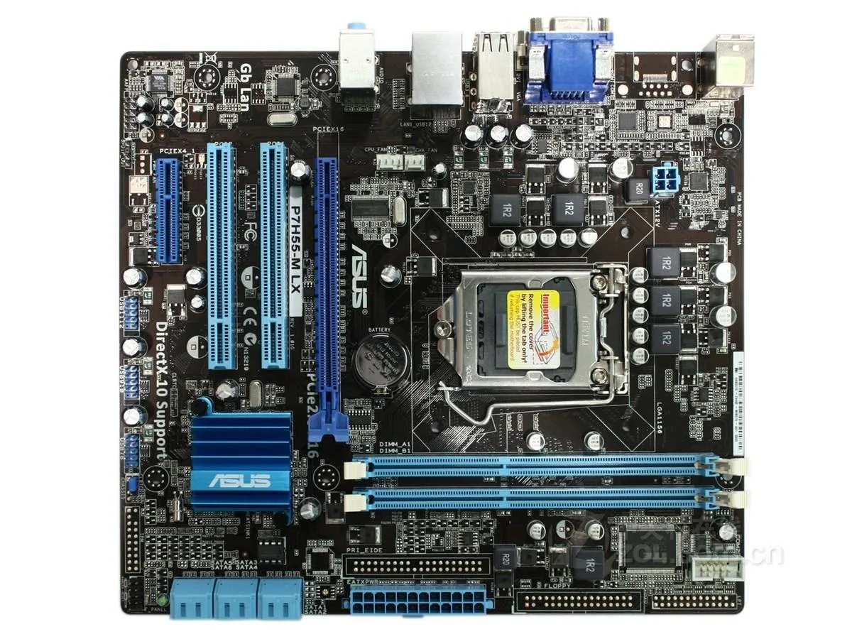 Green Micro ATX motherboard with silver LGA 1156 socket and DDR3 slots