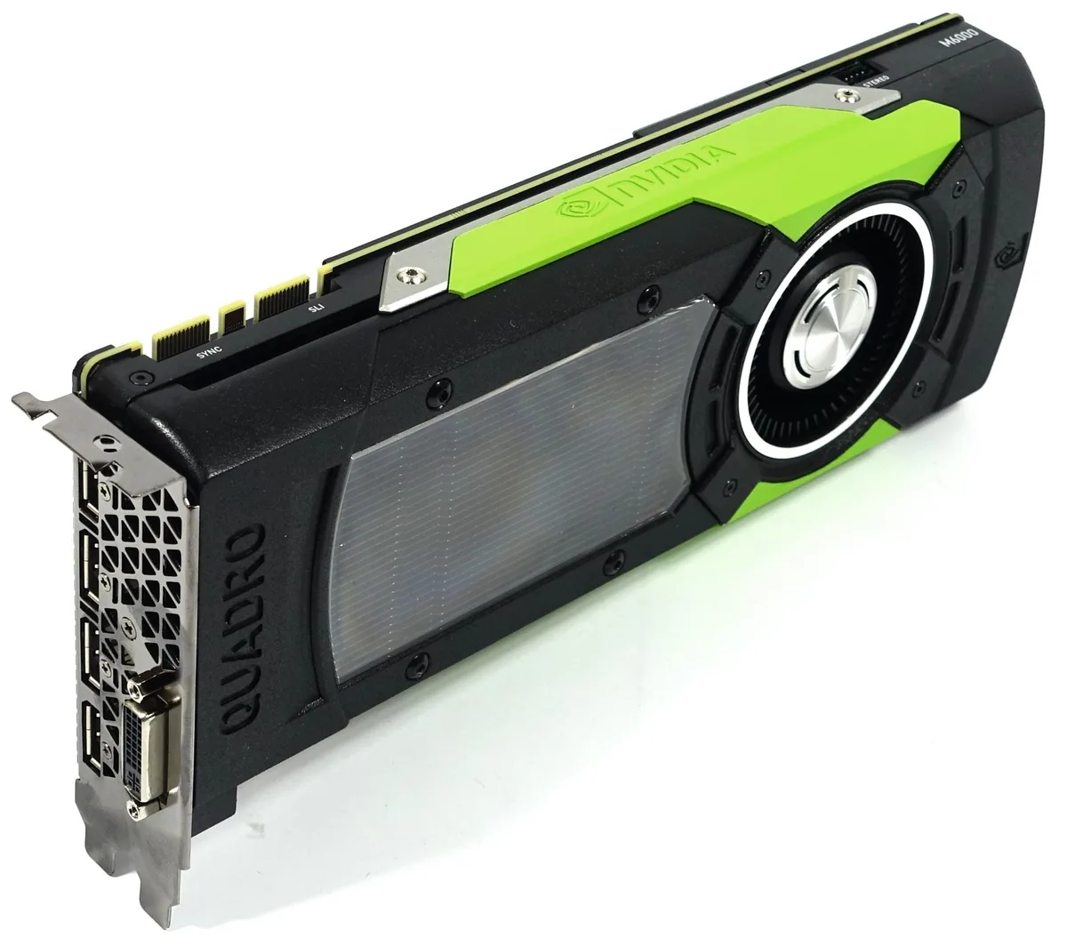 Full-height dual-slot graphics card with matte black shroud, silver rear bracket showing four DisplayPort and one DVI connector
