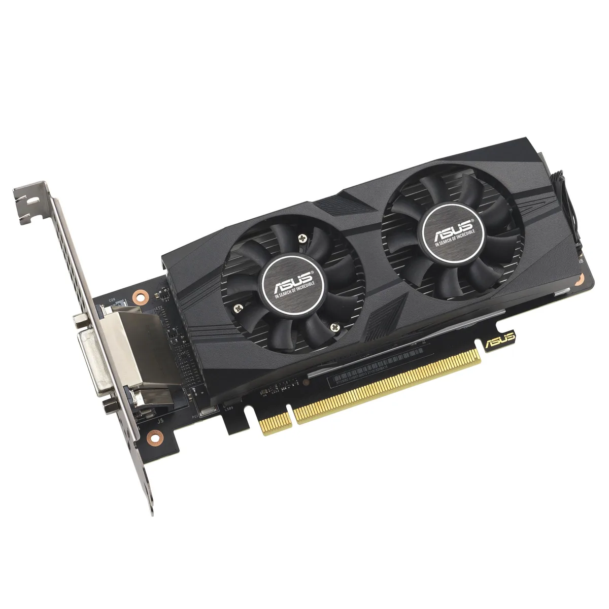 Low-profile ASUS graphics card with single fan, matte black finish