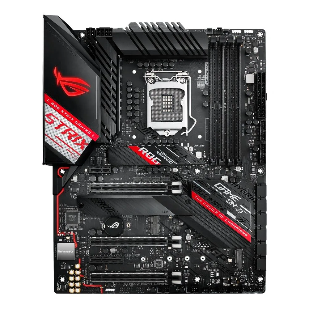 ATX motherboard with black heatsinks and silver accents