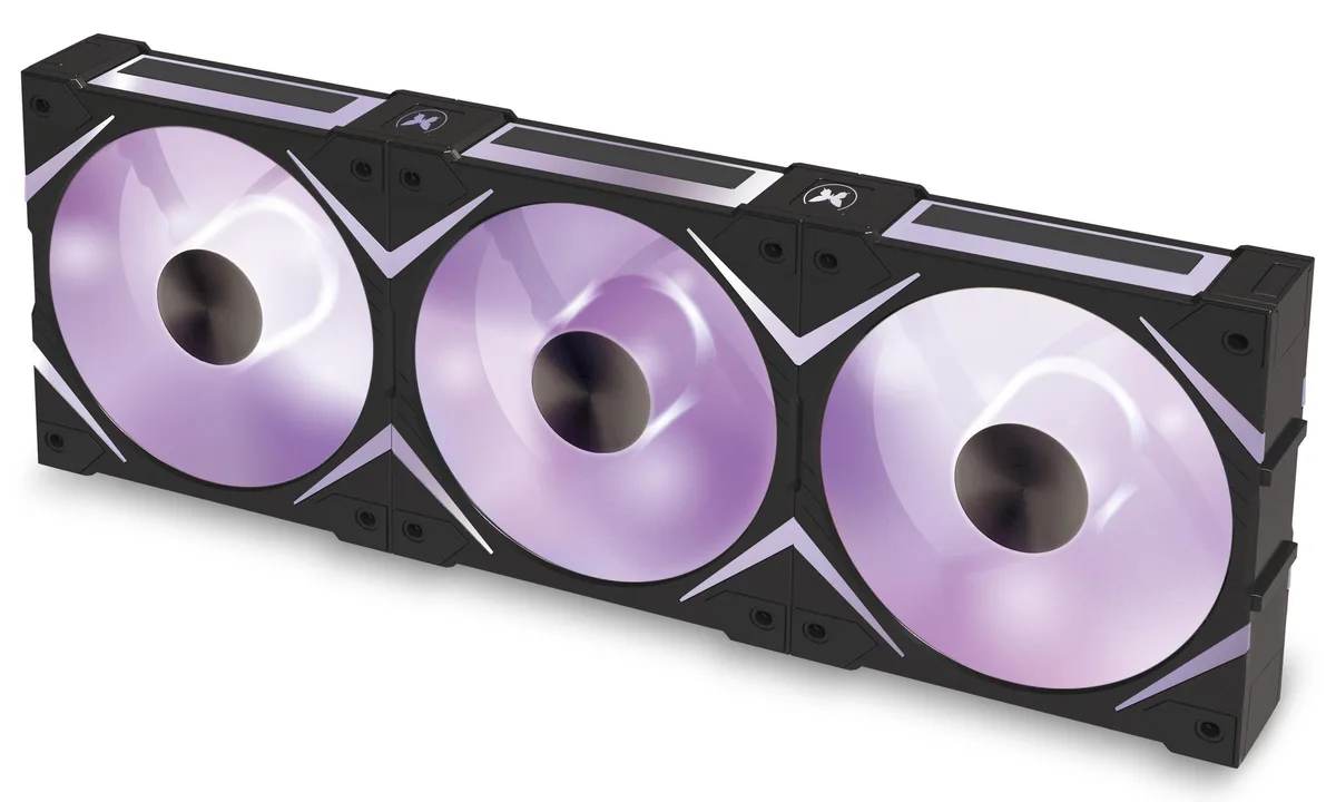Three black 120mm case fans with double ARGB rings and thick frames, shown with a controller hub