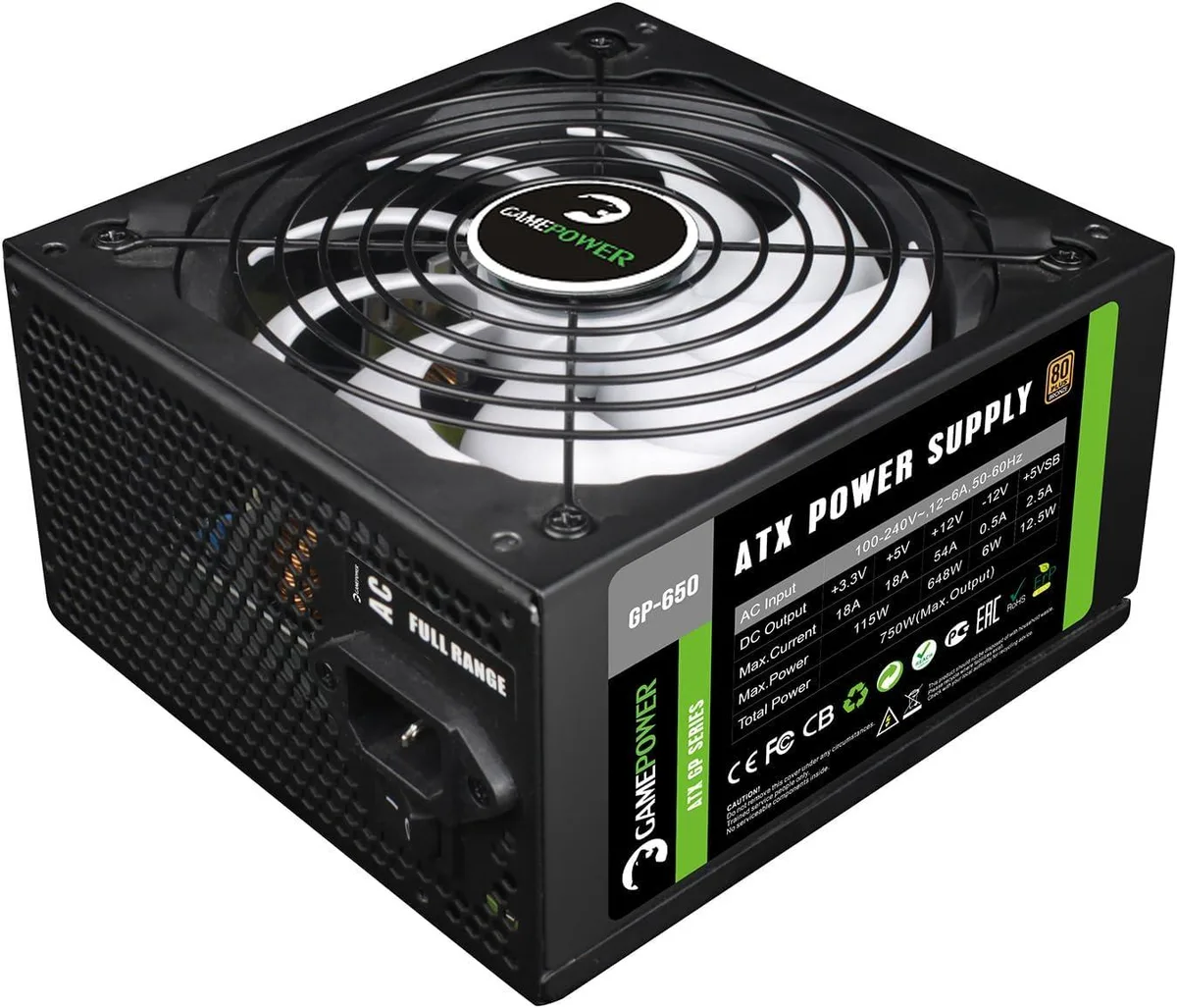 Black ATX power supply unit with 140 mm fan and fixed cables