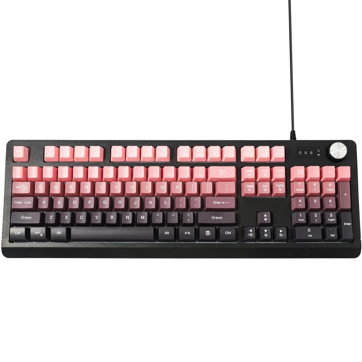 Pink wired gaming keyboard with gradient RGB backlighting, compact rectangular form factor, smooth matte finish