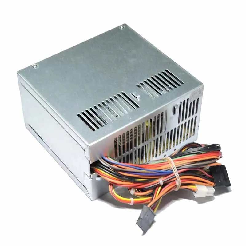Silver rectangular ATX power supply with black fan grille