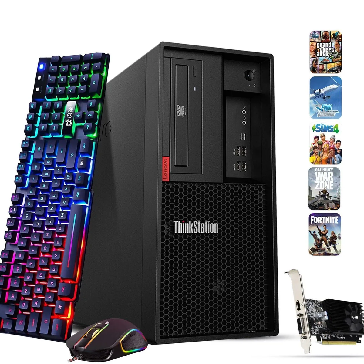 Black tower desktop with wired keyboard and mouse