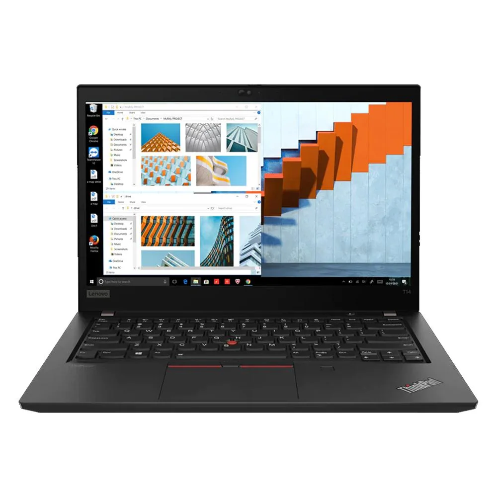 Black 14 inch ThinkPad T14 G2 laptop closed on surface