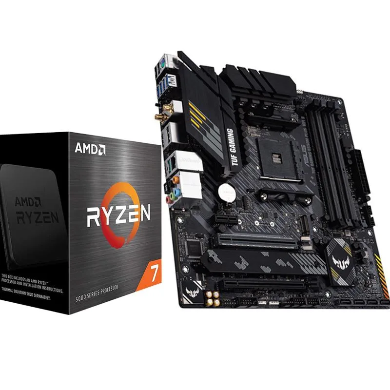 ASUS TUF B550M motherboard and Ryzen 7 5700X CPU combo, micro-ATX board with black heatsinks and silver accents