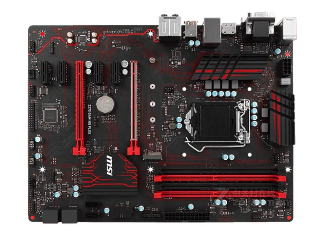 ATX motherboard with black PCB, silver heatsinks and red accents