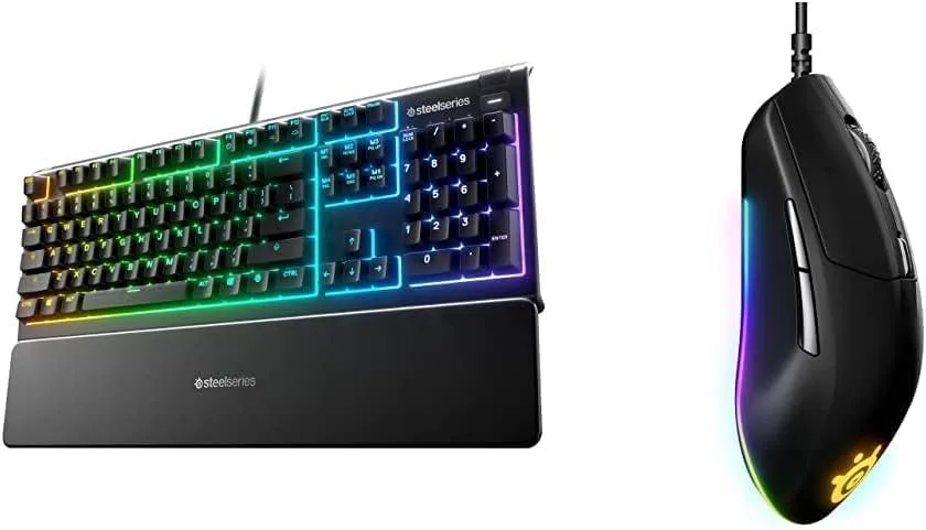 Black full-size keyboard with RGB zones, magnetic wrist rest, and matching right-handed mouse