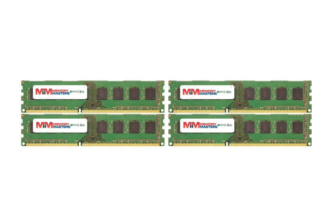 Four green DDR3 UDIMM modules with gold contacts