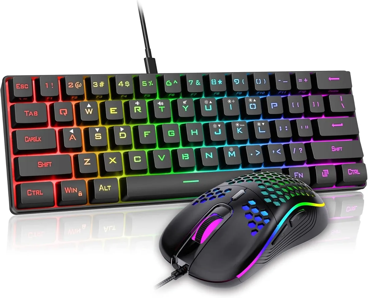 Black 60% keyboard with RGB backlight and honeycomb mouse