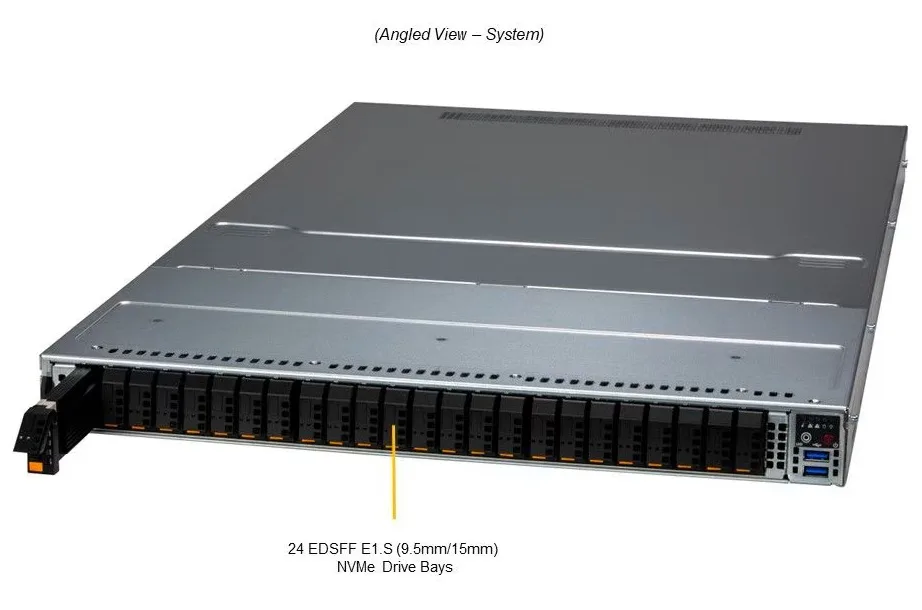Silver 1U rack server front panel with twenty-four drive bays and status LEDs