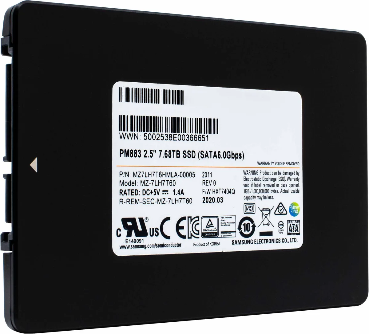 Silver rectangular 2.5 inch SSD with label showing model MZ-7LH7T60 and capacity 7.68TB