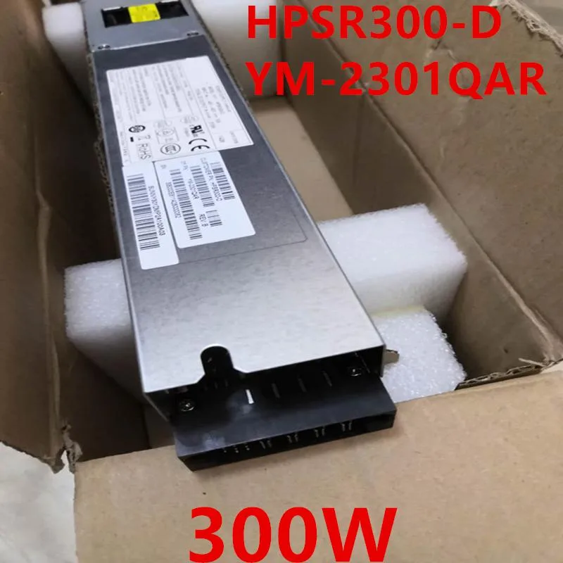 Rectangular metal power supply unit with model label HPSR300-D YM2301QAR