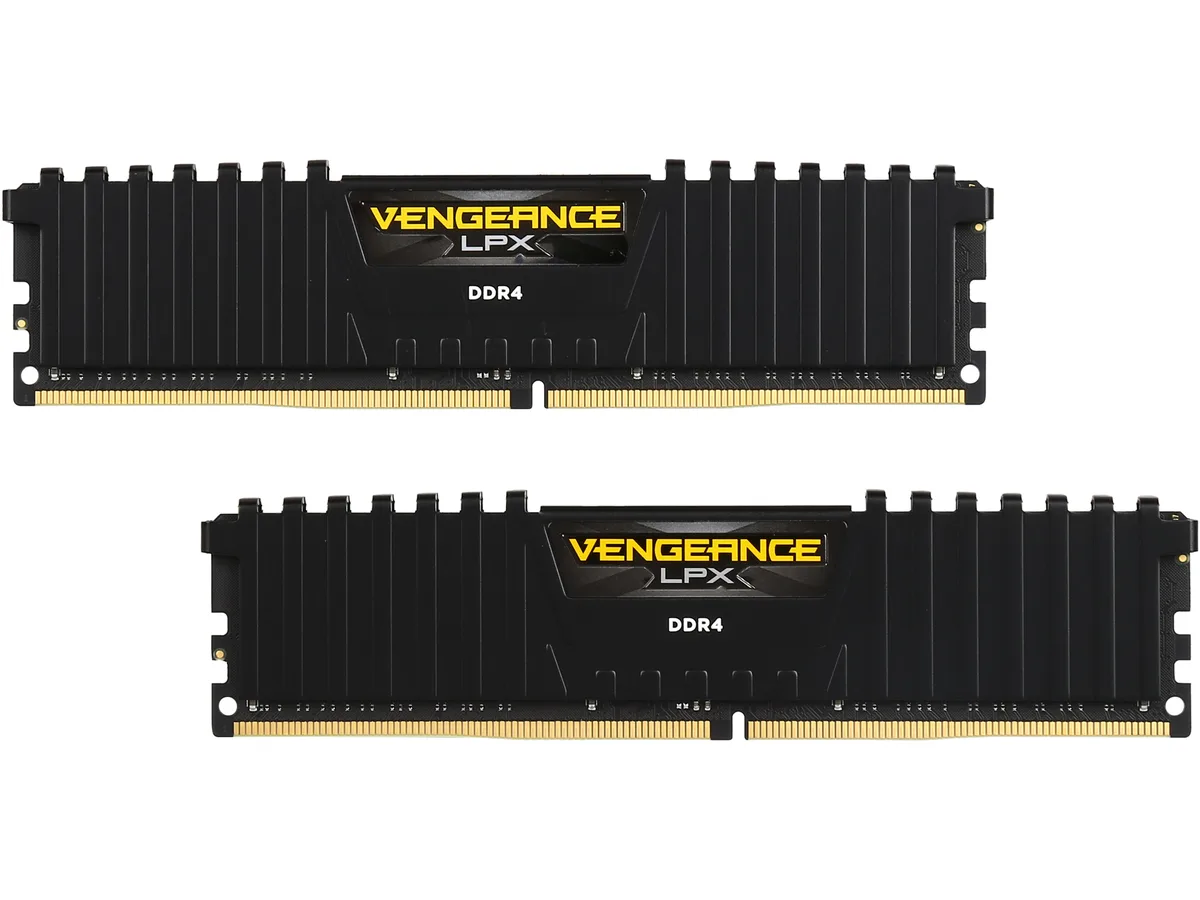 Two black low-profile DDR4 modules with anodized aluminum heat spreaders