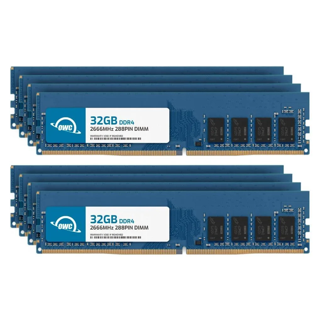 Eight black DDR4 UDIMM sticks in a row