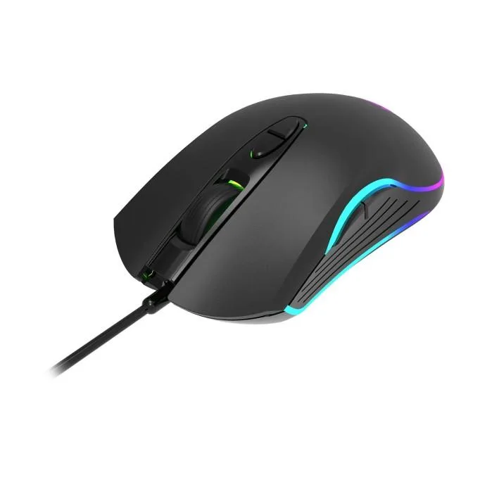 Black wired gaming mouse, ergonomic shape, seven buttons, RGB lighting