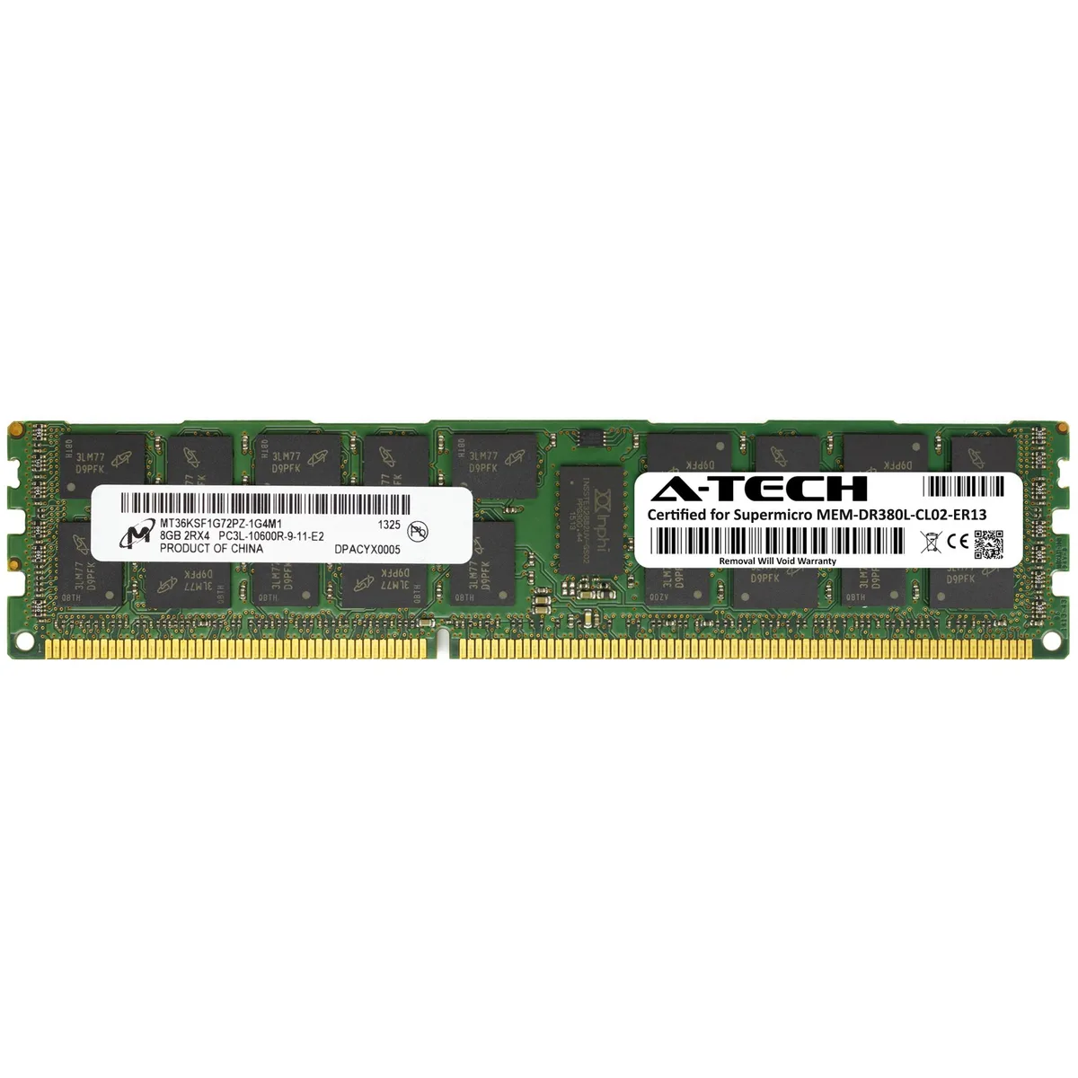 Green 240-pin DDR3L RDIMM module with black chips and gold contacts