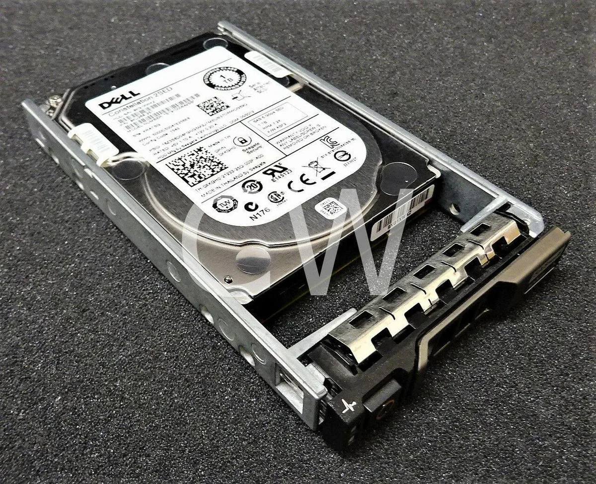 2.5 inch SAS hard drive with silver metal casing and mounted in a black plastic caddy tray
