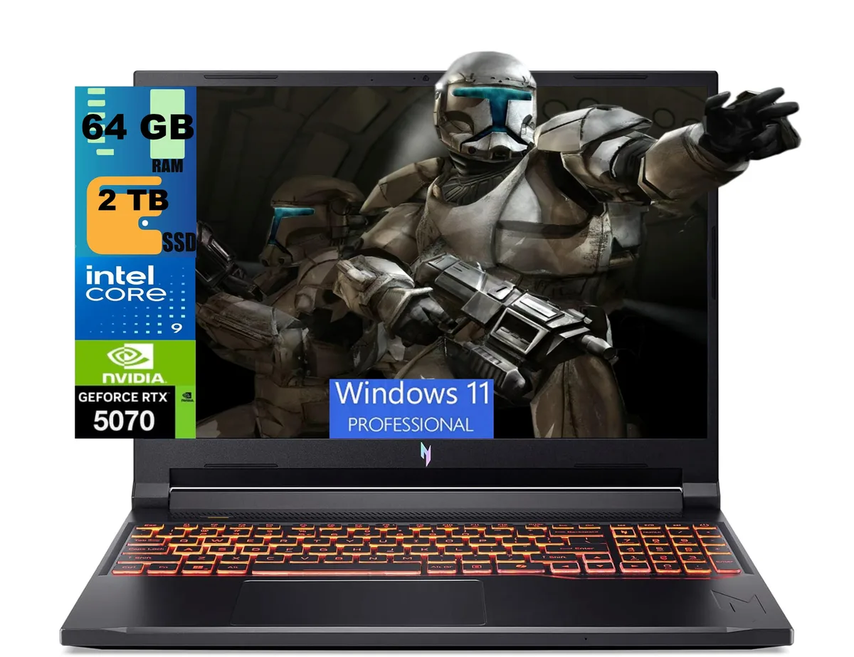 Black 16 inch gaming laptop with thin bezels and backlit keyboard