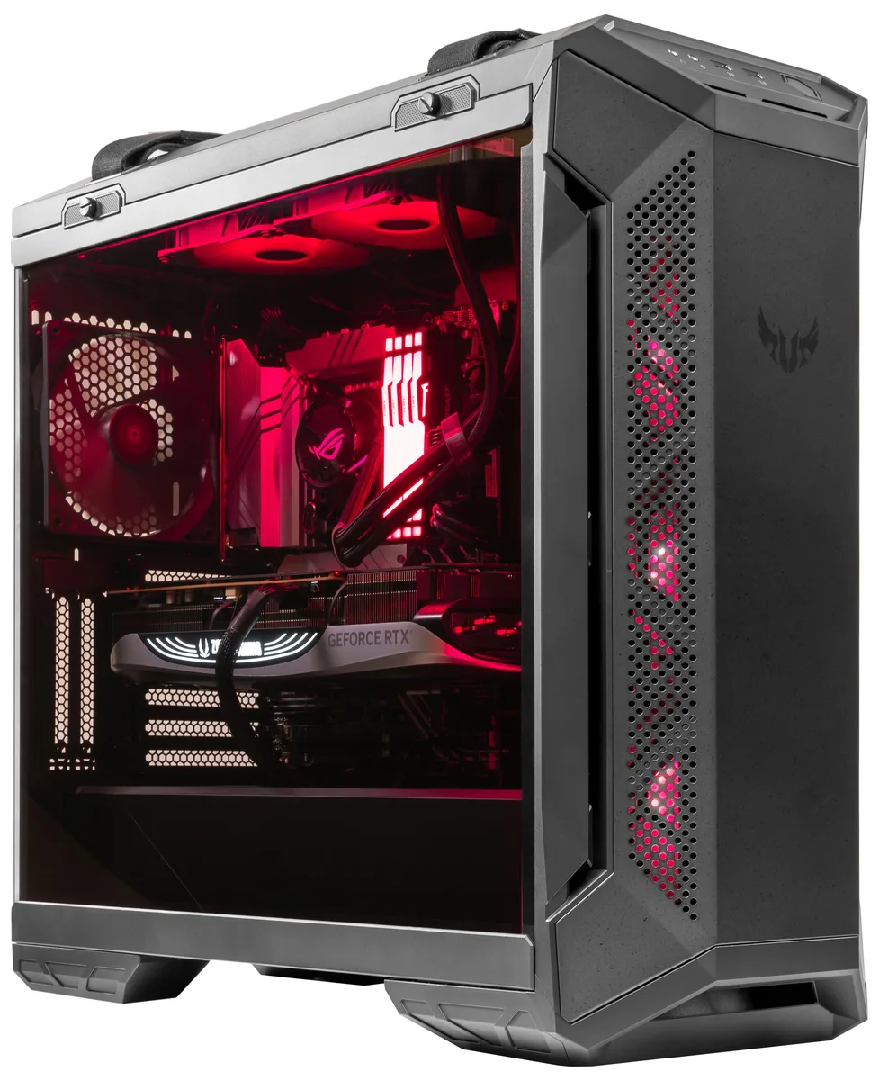 Mid-tower ASUS TUF GT501 case with RGB lighting and liquid cooler visible