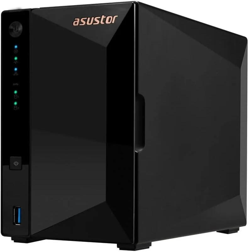 Compact silver two-bay desktop NAS with front drive bays
