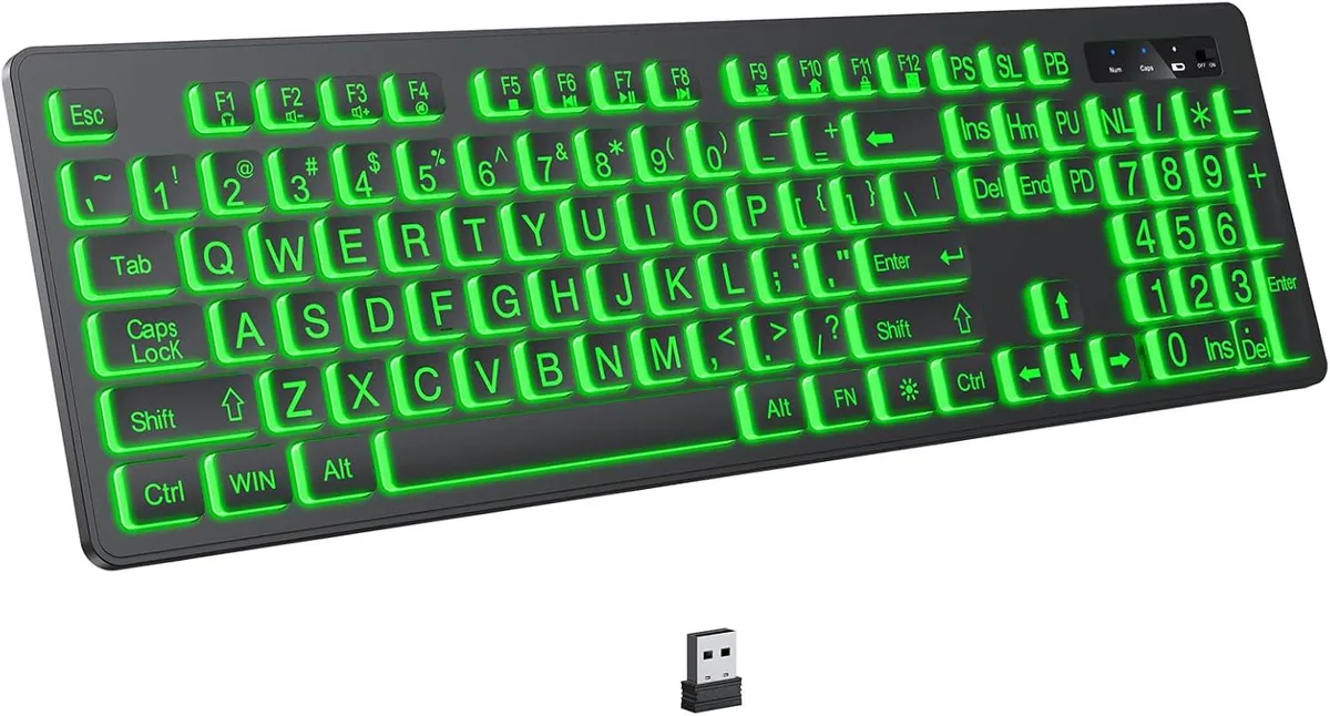 Full-size wireless keyboard with large-print keys and coloured backlighting