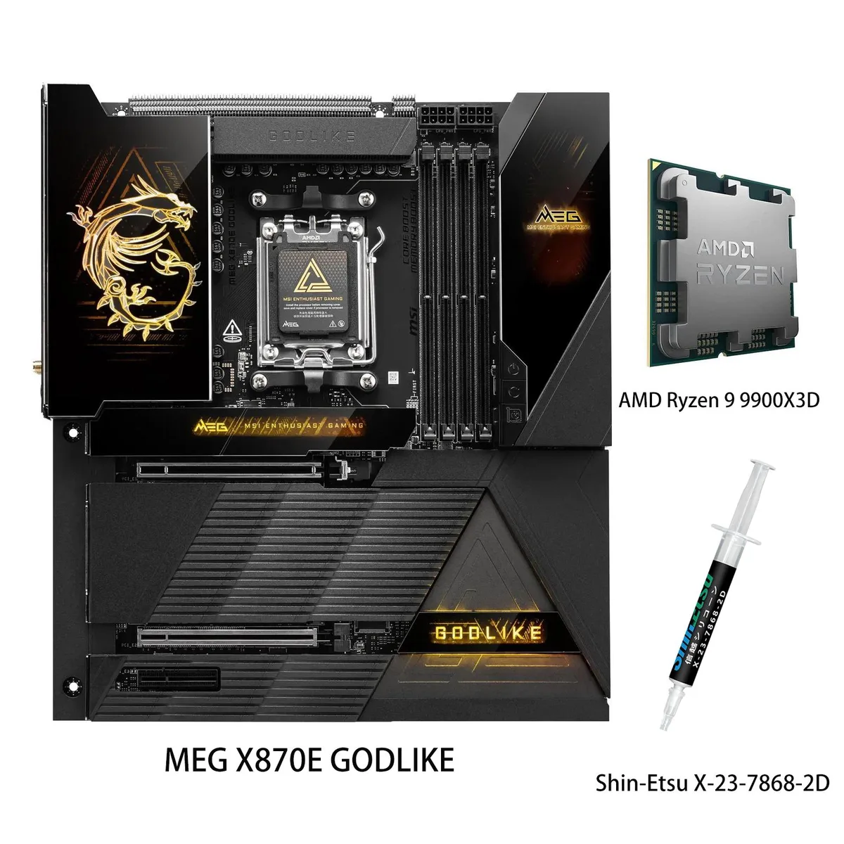 MSI MEG X870E GODLIKE motherboard with 3.99 inch LCD display and Ryzen 9 9900X3D CPU