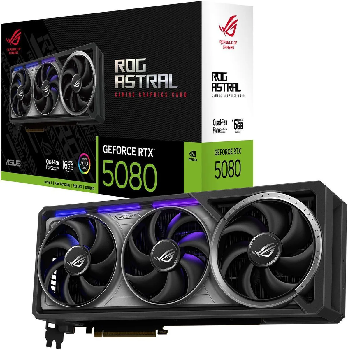 ASUS ROG Astral GeForce RTX 5080 graphics card with silver triple-fan cooler and metal backplate