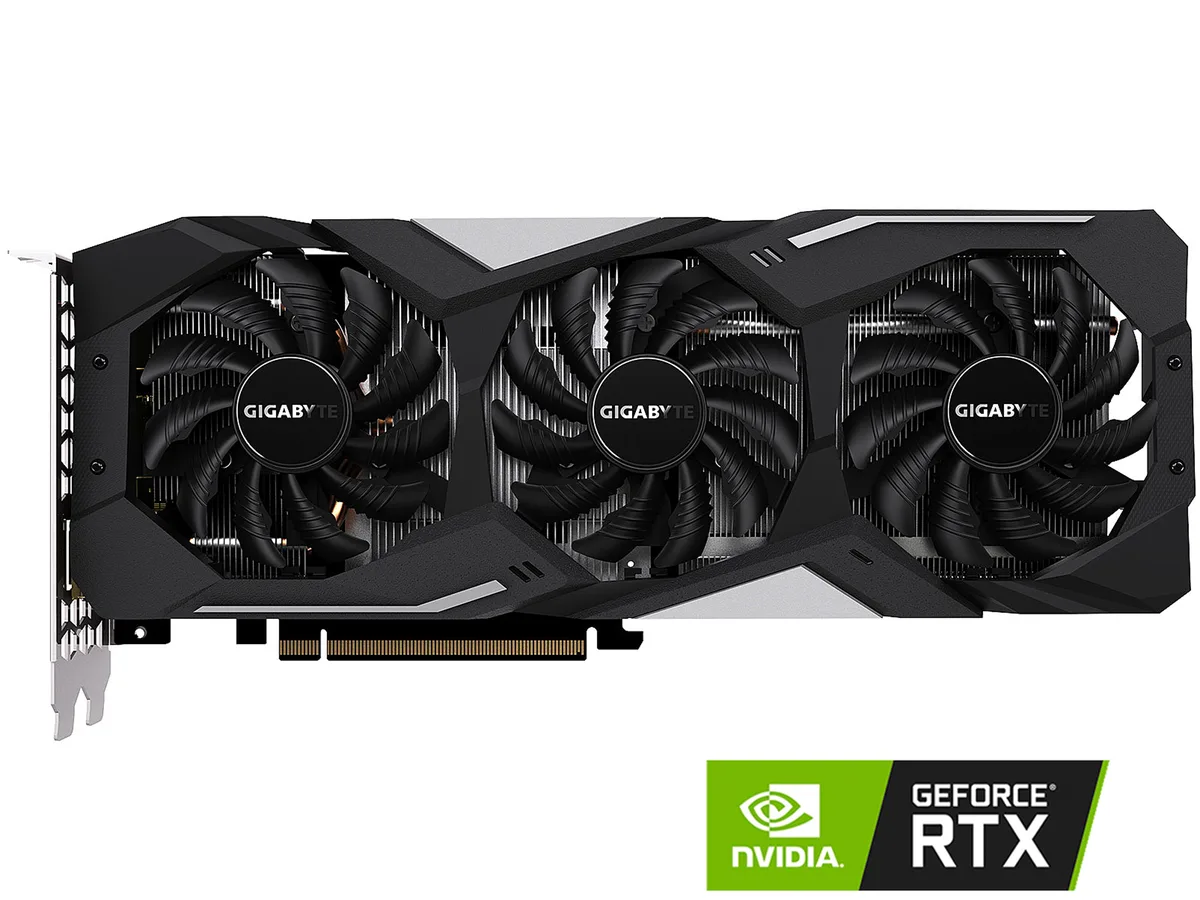 GIGABYTE GeForce RTX 2060 graphics card with three WINDFORCE fans and metal backplate