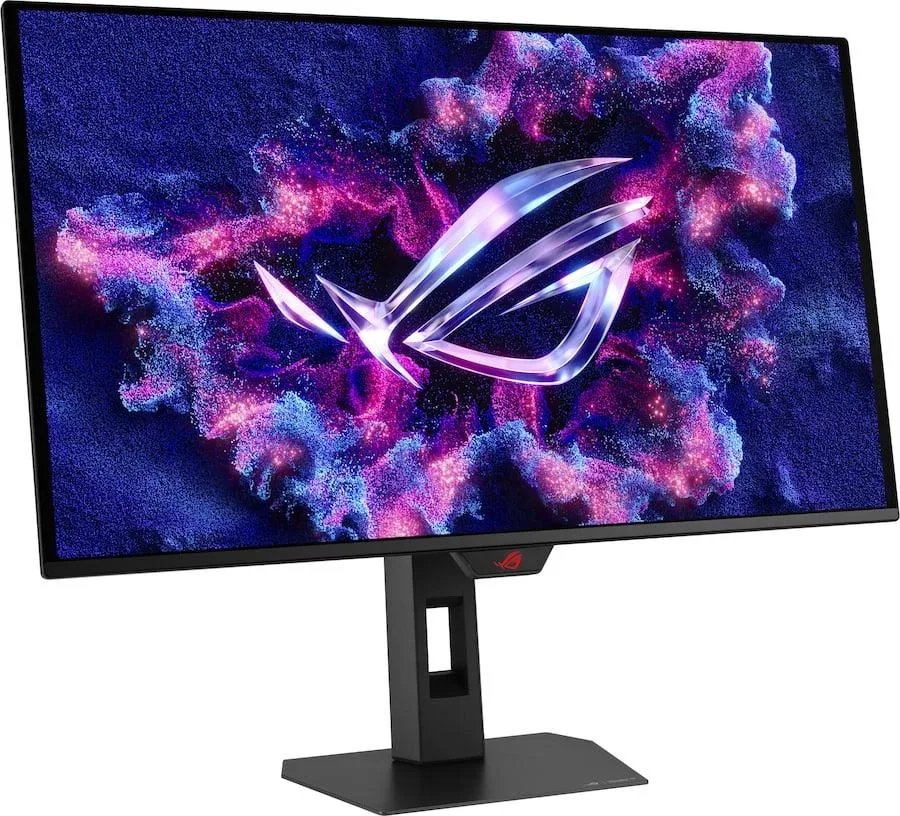 Black 27-inch flat QD-OLED gaming monitor with thin bezels and a sturdy stand