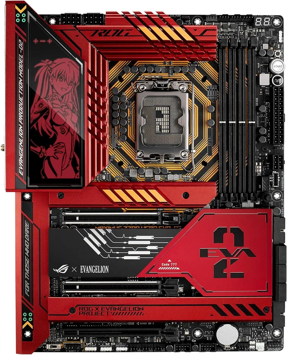 ATX motherboard with purple and green Evangelion-themed finish