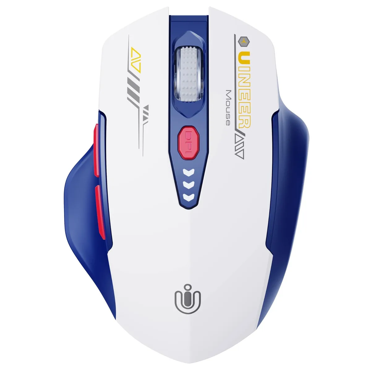 Blue-white right-handed gaming mouse with 16 buttons and rechargeable battery indicator