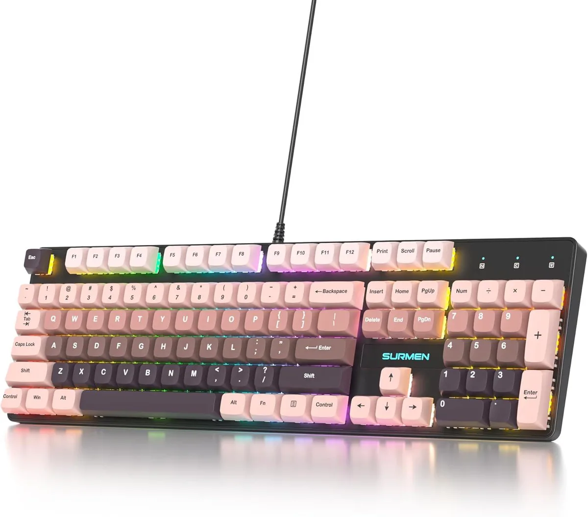 Pink-black full-size mechanical keyboard with XDA PBT keycaps and red switches