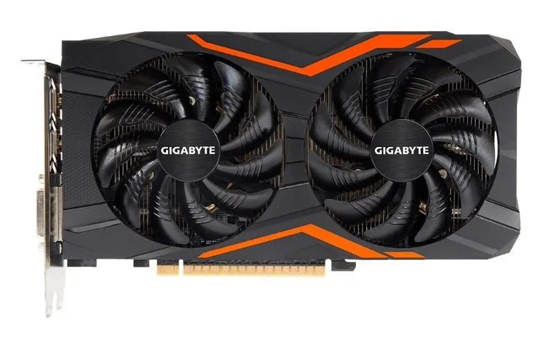 Black and orange dual-slot ATX graphics card with two fans
