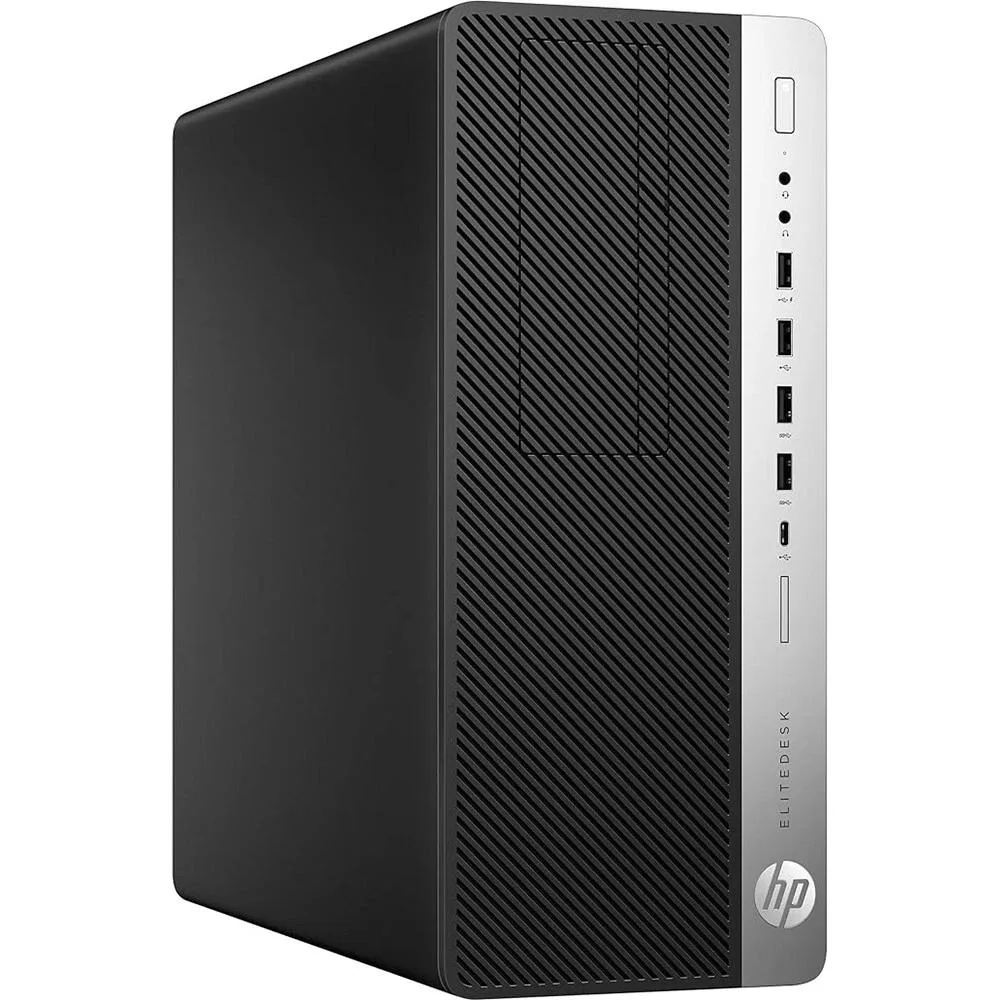 Black and silver HP 800 G3 tower desktop with wireless keyboard and mouse