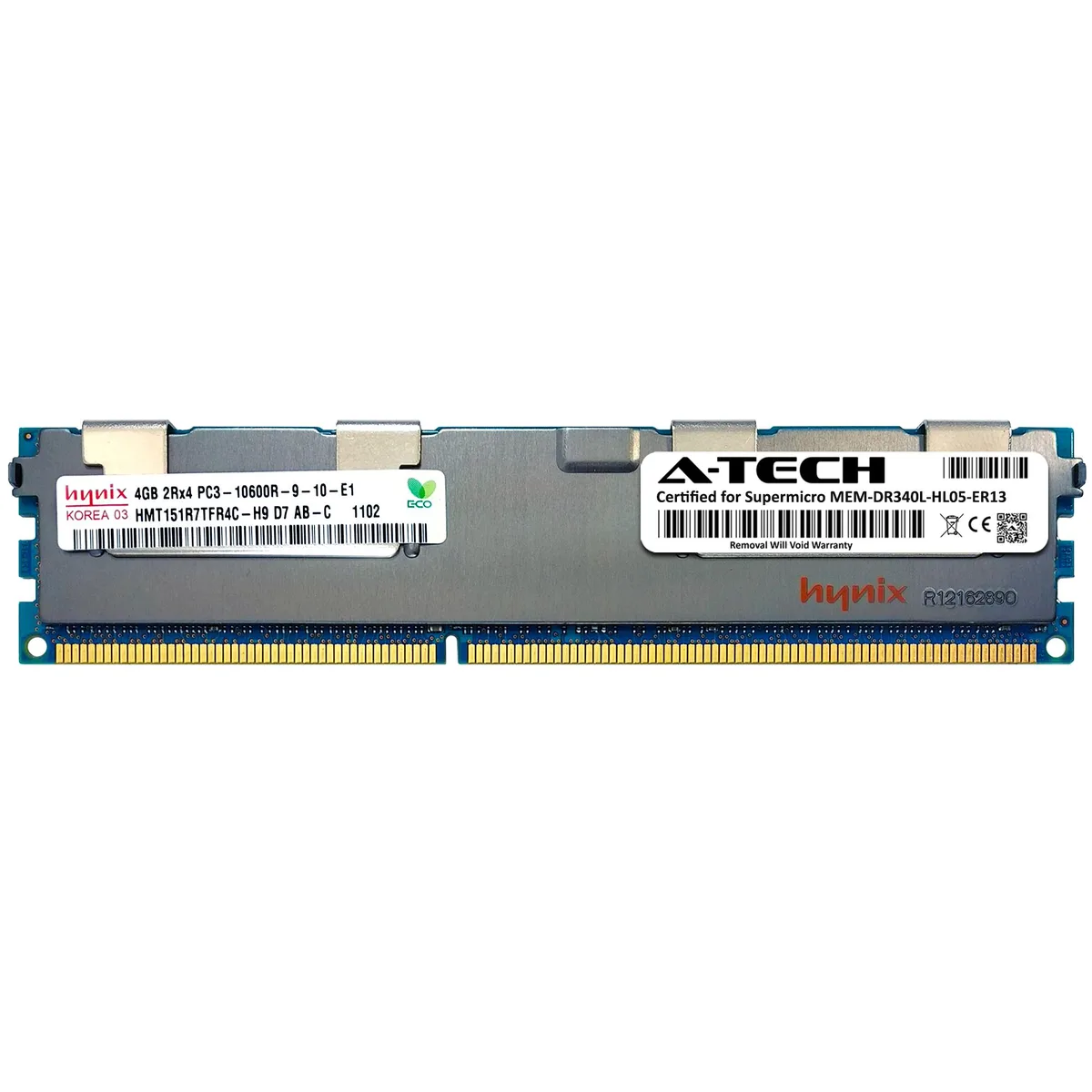 Green rectangular server memory module with gold edge connector and black chips, 240-pin DDR3 RDIMM form factor
